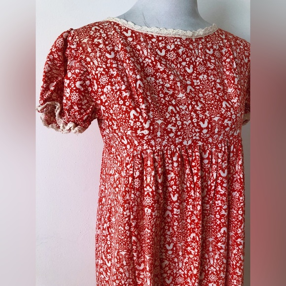 Vintage Rare 60s Unicorn Floral Folk Print Prairie Dress / Ruffles Puff Sleeves - Picture 4 of 15